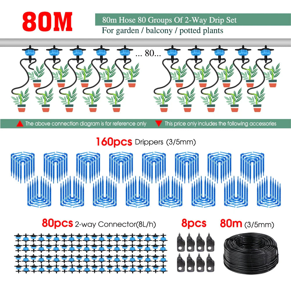 MUCIAKIE 4/2-Way Drip Irrigation System Kit – 100–10M 8L Watering Dripper Sprinkler for Potted Plants & Garden Use