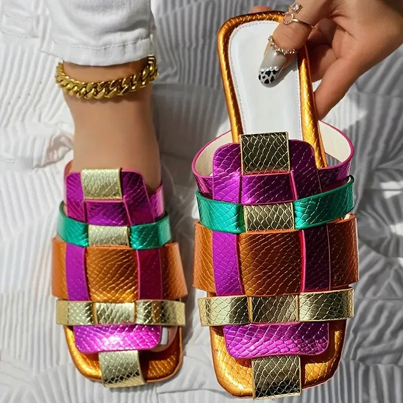 Colorful Square Toe Roman Flat Sandals - Women’s Summer Hollow Vacation Slippers