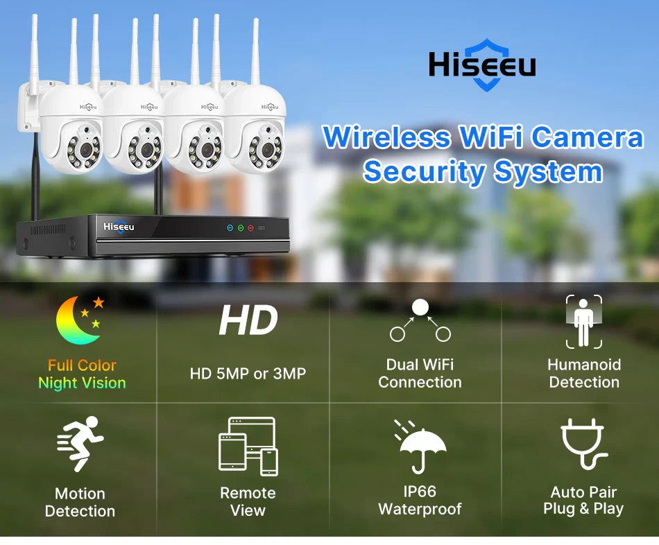 Hiseeu 10CH 5MP WiFi Security Camera System — H.265 NVR with Color Night Vision, Human Motion Detection & 2-Way Audio Outdoor Cameras