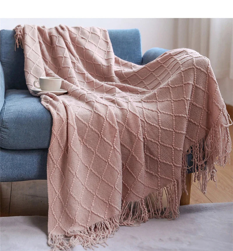 White Boho Throw Blanket – Textured Chunky Knitted Vintage Luxury Bedspread, Sofa Cover Manta Para Sofá