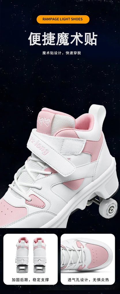 Women's High-Top 4-Wheel Roller Shoes – Fashionable Unisex Pop-Up Sneakers with Wheels, Dual-Purpose Skating & Casual Shoes