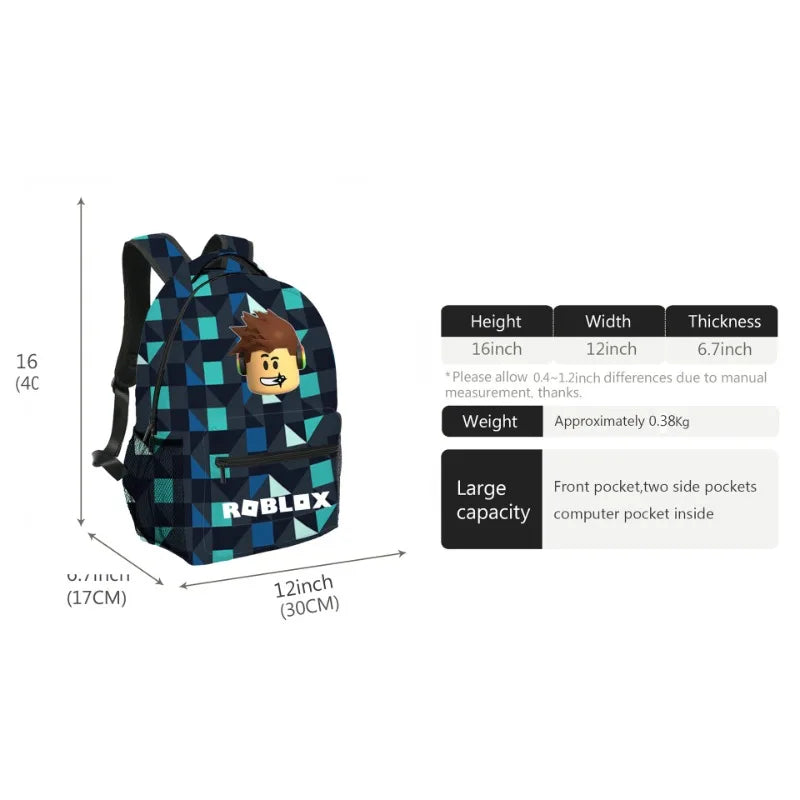 3pcs Roblox Cartoon Print Bag Set – School Backpack, Lunch Bag & Pencil Case for Students, Birthday Gift Set