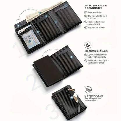 Men’s Minimalist RFID Wallet — Zipper Coin Purse & Pop-Up Metal Card Holder