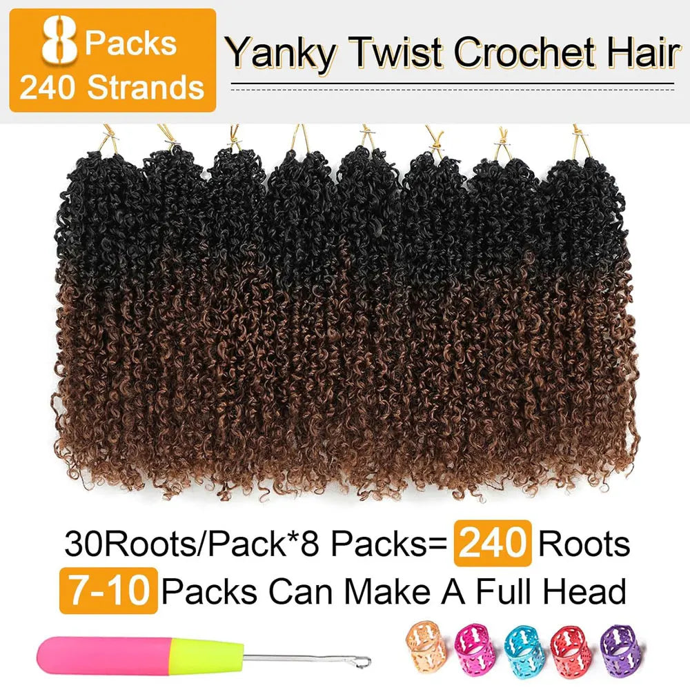8" Yanky Twist Crochet Hair – Pre-Looped Ombre Brown Synthetic with Curly Ends, Yank Twist for Black Women