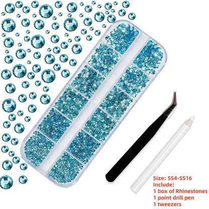 12-Grid 3D Glass AB Crystal Nail Art Rhinestones Kit – Flatback Round Beads with Tools for Nail Jewelry & Diamond Decoration