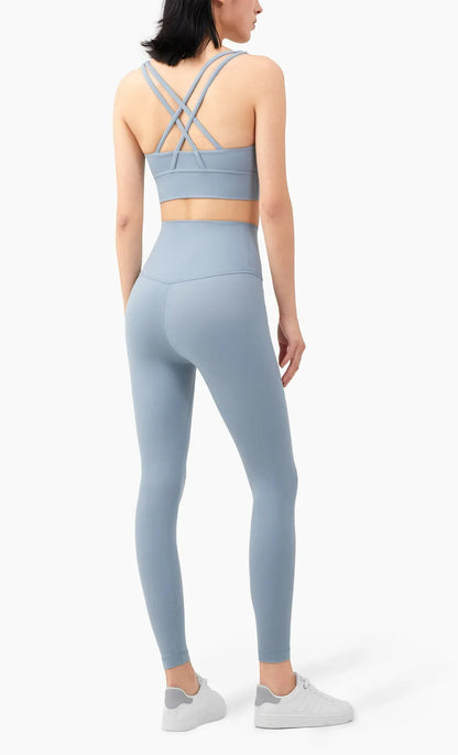 Summer 2 Piece Women's Yoga Tracksuit - Cross-Back Nylon Top and Leggings Athletic Set for Pilates and Fitness