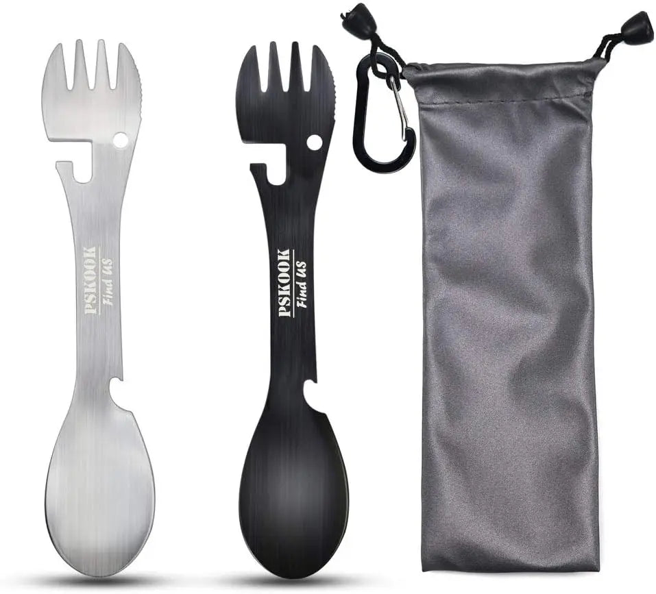 5-in-1 Tactical Spork — Stainless Steel Spoon, Fork, Knife, Can & Bottle Opener Combo for Camping & Hiking