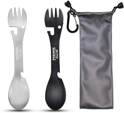 5-in-1 Tactical Spork — Stainless Steel Spoon, Fork, Knife, Can & Bottle Opener Combo for Camping & Hiking