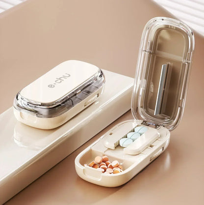 Quartering Pill Cutter & Storage Box – Portable Dustproof Medicine Tablet Crusher with Divider Organizer