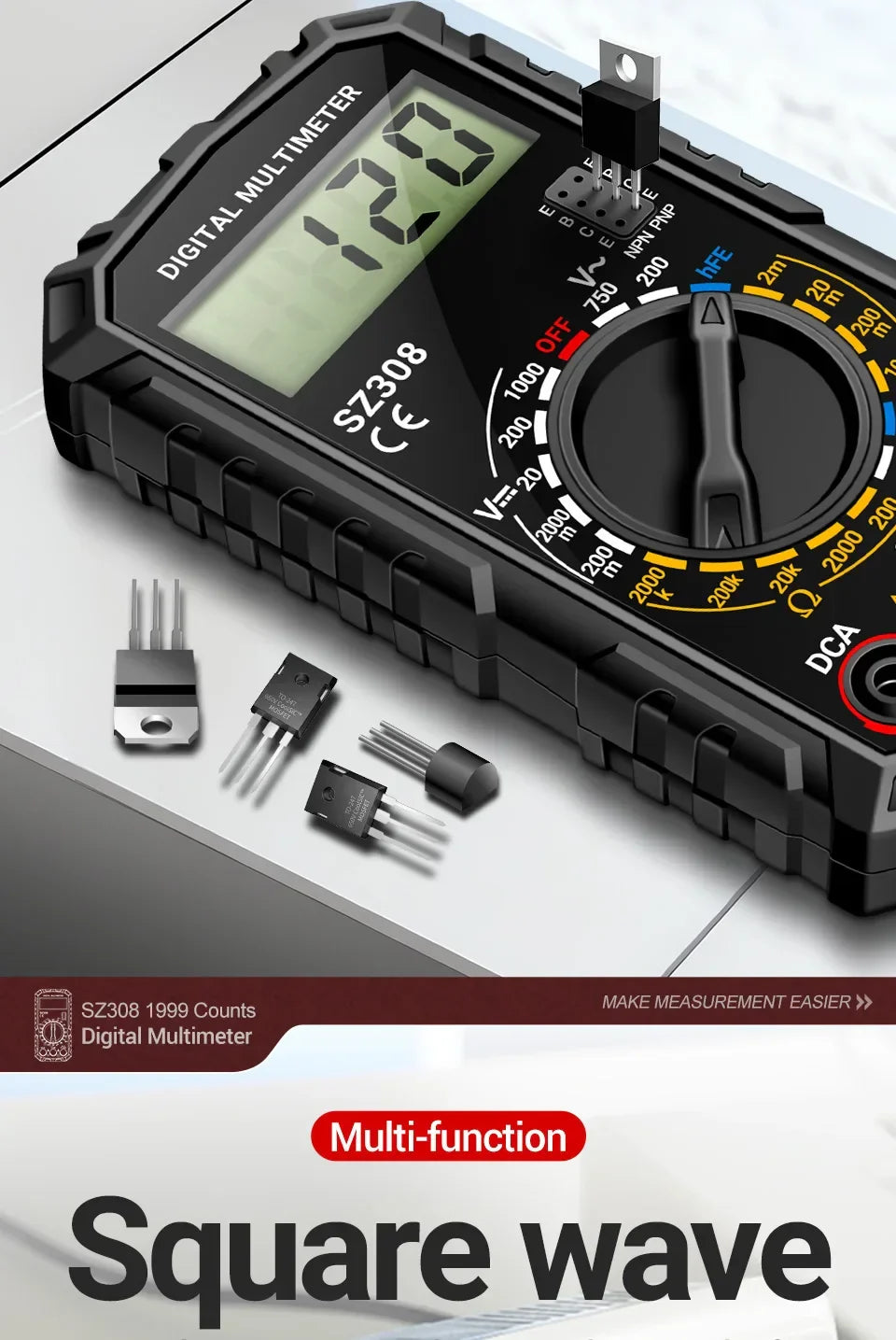 ANENG SZ308 1999-Count Multimeter — HFE Triode Tester, Square Wave Voltmeter & 10A Current Meter