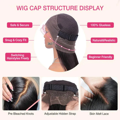 Invisi Strap 360 Lace Front Human Hair Wig – Preplucked 250% Density Body Wave HD Lace, Glueless Wig