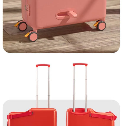 18-Inch Foldable Kids Suitcase with Seat – Lightweight PC Luggage for Boys & Girls, Compact Travel Pedal Boarding Case