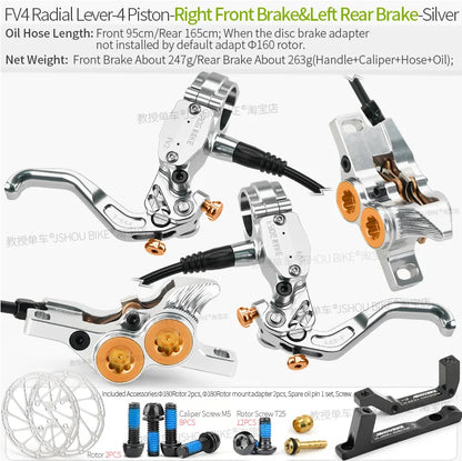 Frog Wake FV4 Mountain Bike Hydraulic Disc Brake Kit – 180mm Rotors, Aluminum 4-Piston Calipers & Levers for MTB