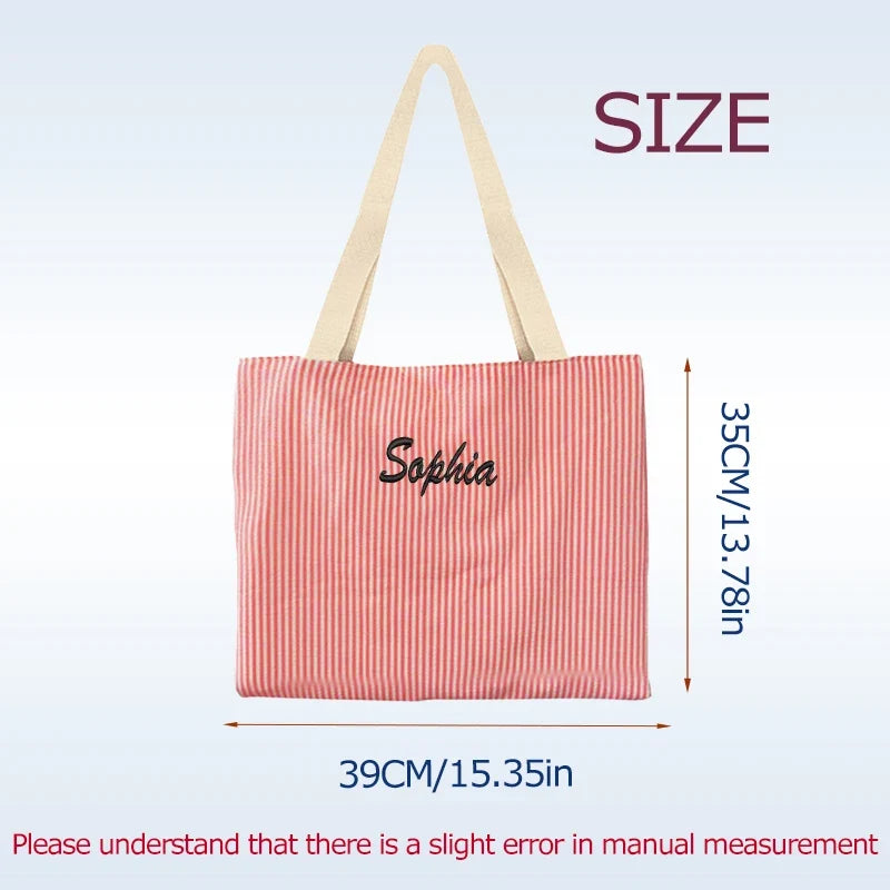 Striped Canvas Shoulder Bag - Custom Embroidered or Standard Back-to-School Tote