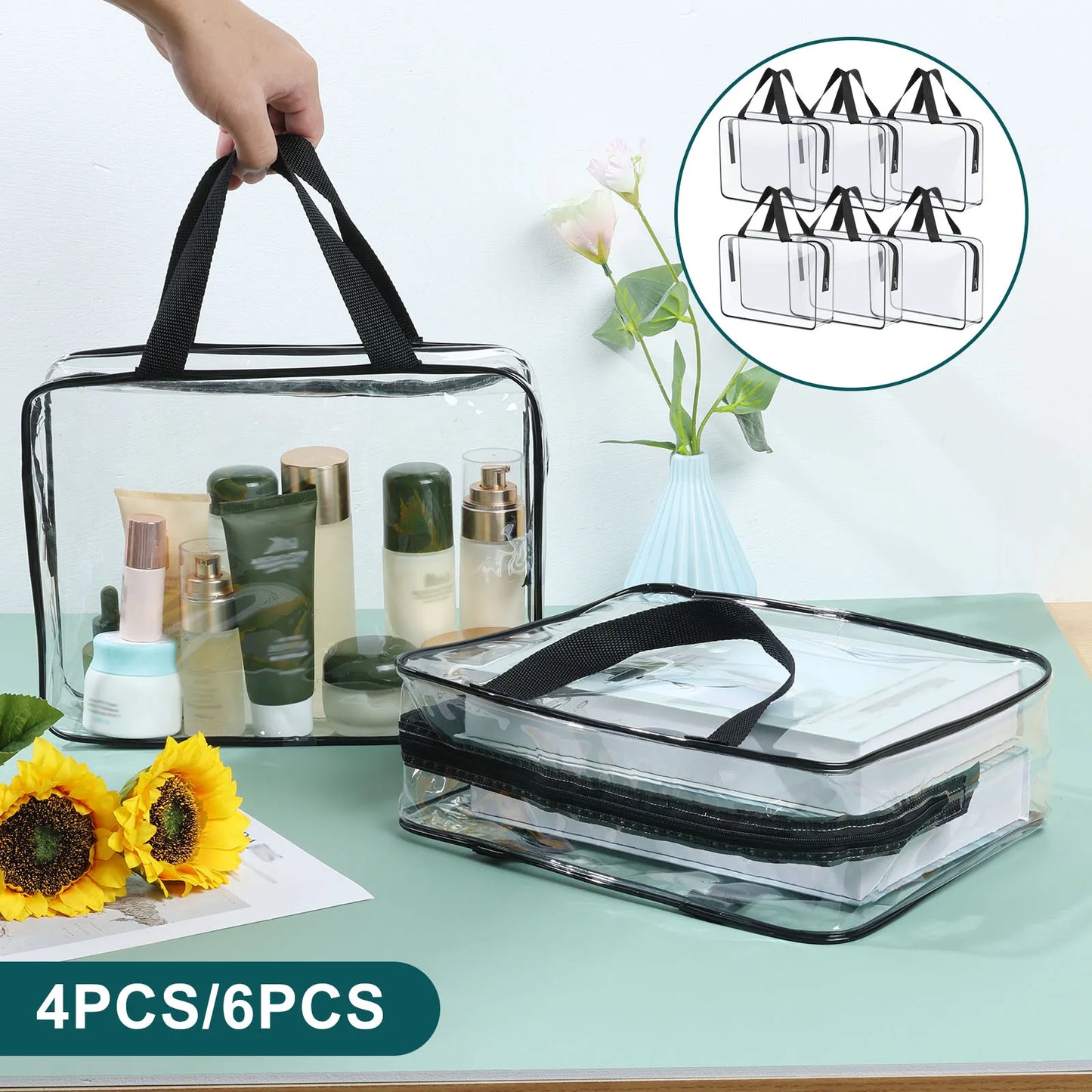 4/6-Pack PVC Makeup Storage Bags — Large Capacity Waterproof Clear Organizer with Zipper for Travel & Home