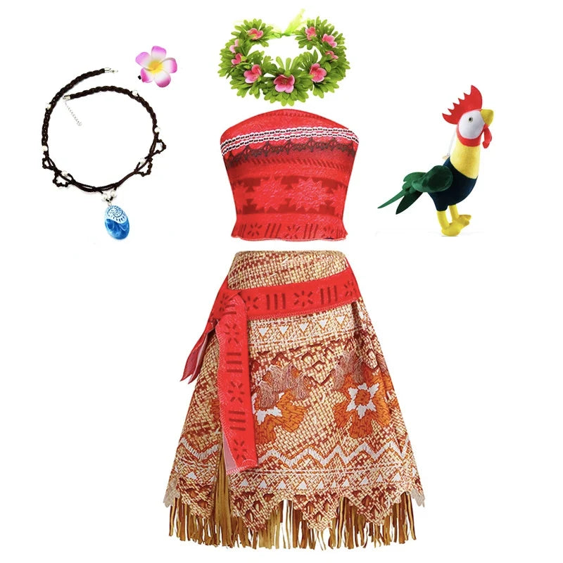 Disney Moana Princess Dress Costume Set - Kids Girls Vaiana Cosplay with Headwear, Necklace & Pet Accessories