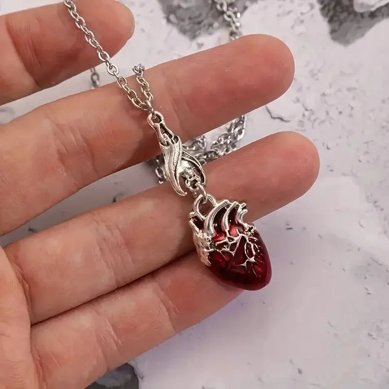 Gothic Vampire Bat & Bloody Heart Pendant Necklace – Pagan Witch Jewelry, Anatomy Heart Halloween Accessory Gift