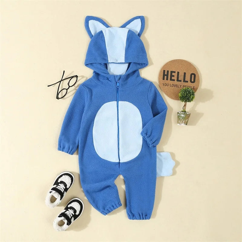 Cartoon Dog Costume for Toddlers - Blue & Orange Hooded Halloween Jumpsuit with Ears & Tail
