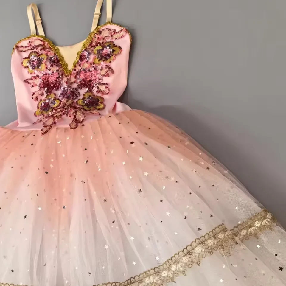 Girls' Ballet Costume - Pink Tulle Skirt with Sequin Flowers for Dance Performances