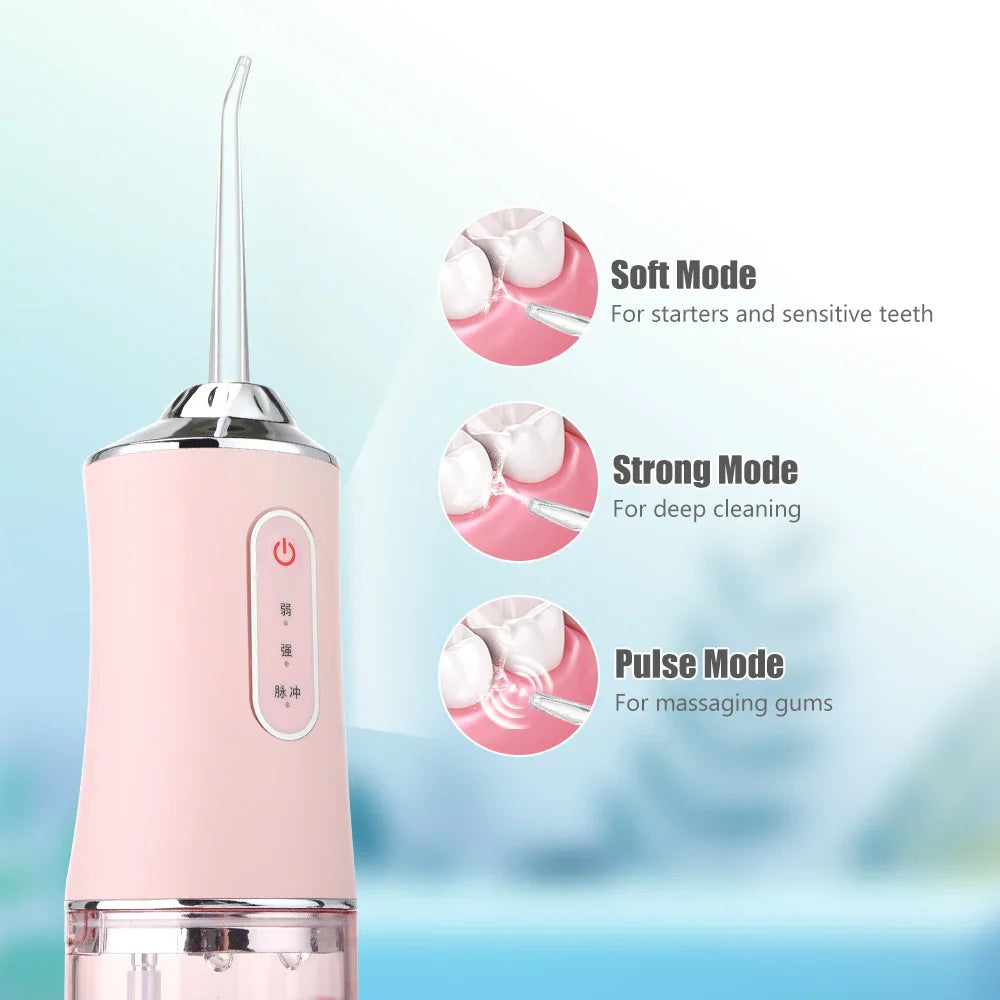 Portable USB Rechargeable Oral Irrigator: Dental Water Flosser with 4 Jet Tips, 3 Modes, IPX7, 1400rpm