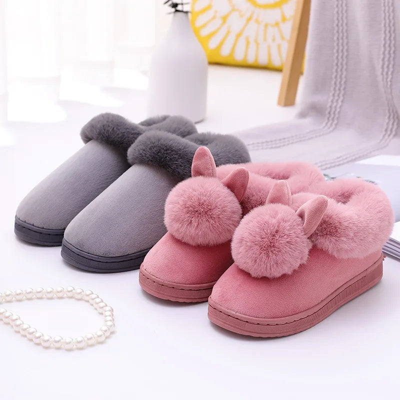 Unisex Winter Plush Slippers – Thick Sole Cozy Faux Rabbit Fur Indoor Slides with Closed Back for Couples