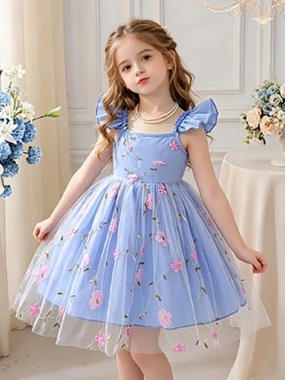Girls’ Blue & Pink Floral Tulle Princess Dress - Flutter Sleeve Puffy Skirt Summer Party Dress