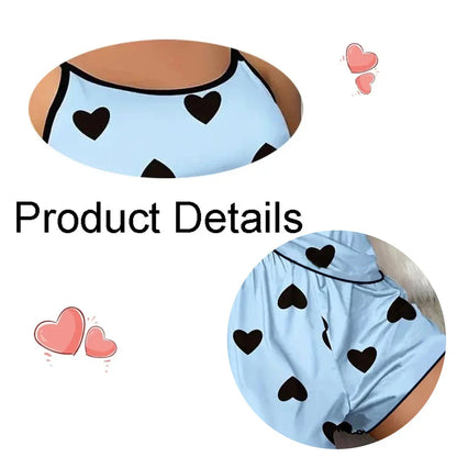 Women’s Pajama Set — Pink Heart Print Ice Silk T-Shirt & Shorts, Comfortable Casual Summer Sleepwear