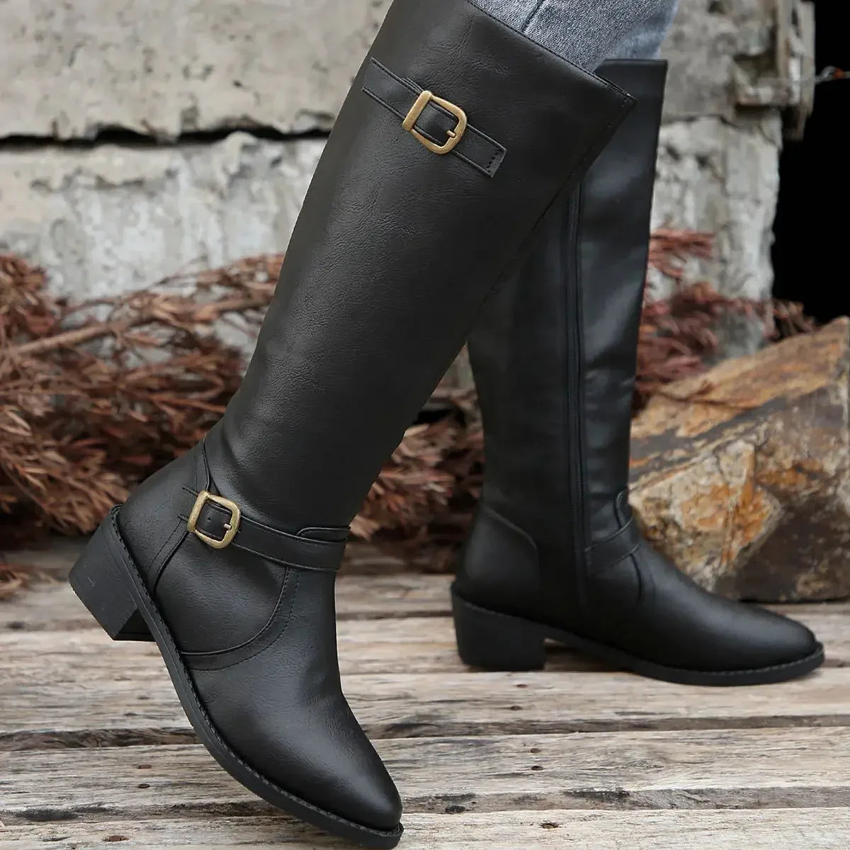 Women’s Winter High-Top Knight Boots – Side Zipper & Belt Buckle, Pointed Toe, PU Material with Cotton Lining