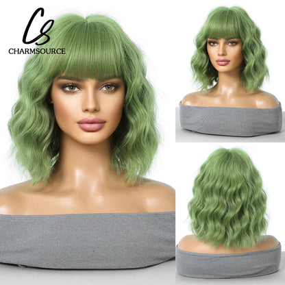 CharmSource Pink BOBO Short Synthetic Wig – Natural Wavy Heat Resistant Hair Wig for Women, Party & Daily Wear