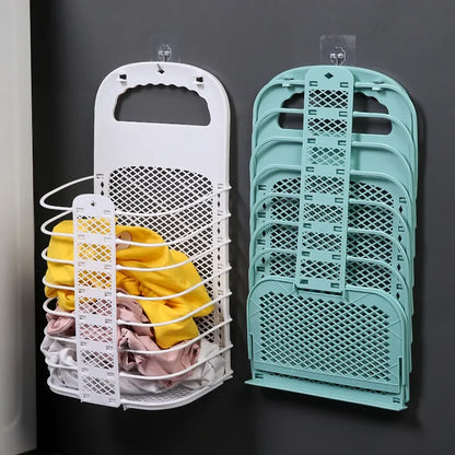Foldable Plastic Laundry Basket – Wall-Mounted Non-Perforated Clothes Storage for Bathroom
