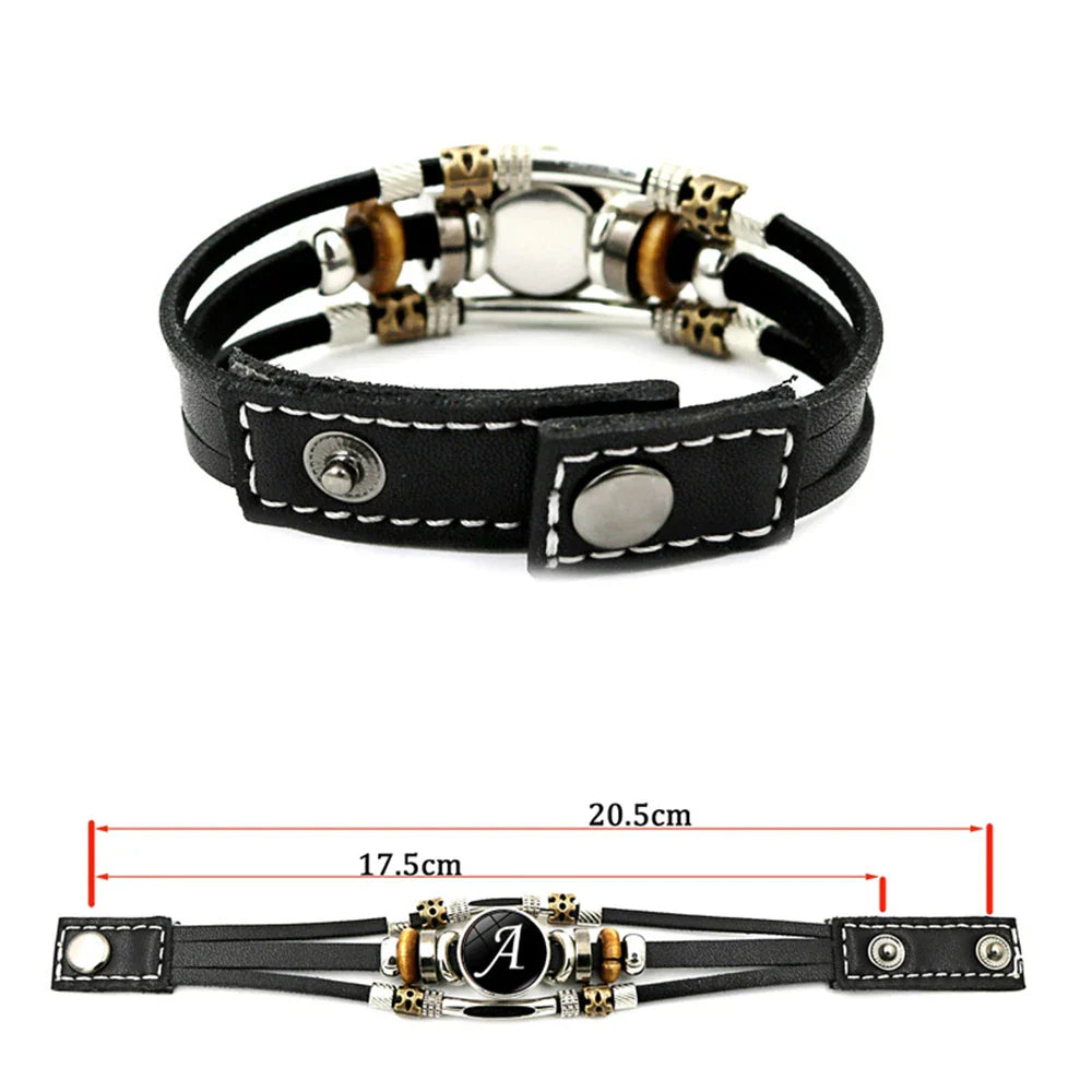 A-Z English Letters Leather Bracelet - 26 Initial Cabochon Glass Snap Wristband for Men & Women, Couple Gift