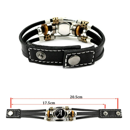 A-Z English Letters Leather Bracelet - 26 Initial Cabochon Glass Snap Wristband for Men & Women, Couple Gift