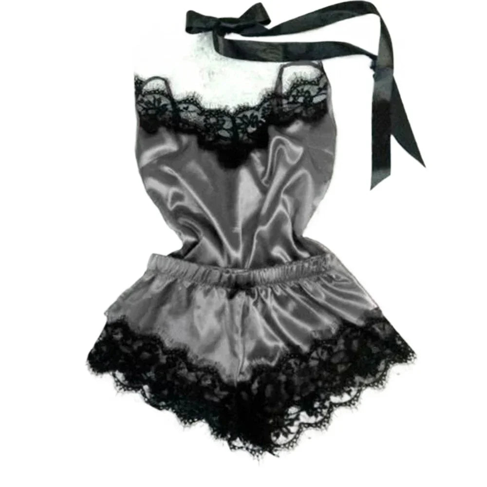 Women’s Summer Lace Silk Pajama Set – Sexy Cami Top & Shorts Sleepwear Lingerie Comfortable Soft Casual Nightwear Pijamas