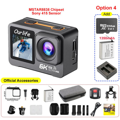 6K 4K60FPS Action Camera – 50MP Dual Screen, 2.0" Touch LCD, EIS, WiFi, 170° Lens, 30M Waterproof, 5X Zoom with Remote