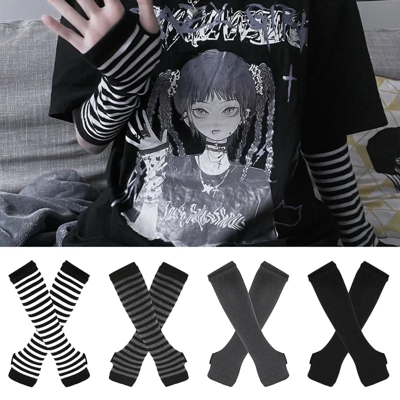 Black Punk Long Fingerless Gloves - Stretchy Elbow Mittens for Men and Women, Cool Winter Arm Warmers for Outdoor Hip-Hop Style
