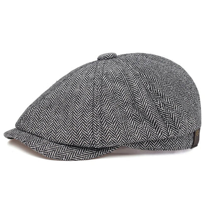 Men's Retro Newsboy Cap - Octagonal Flat Hat with Herringbone Design, British Painter Style Beret for Autumn and Winter