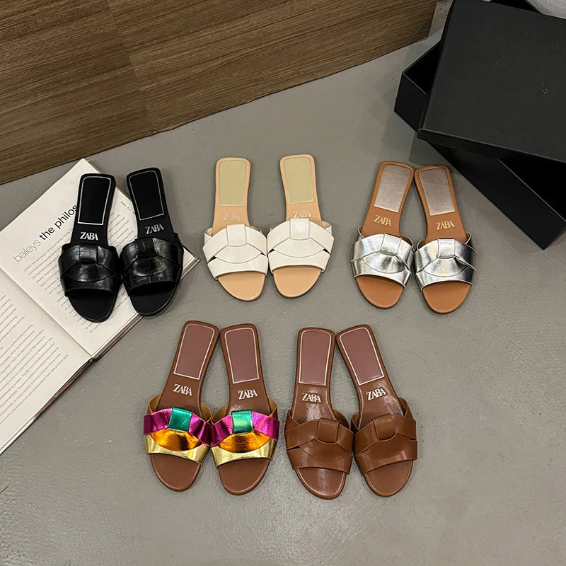 2025 Summer Women's Designer Open Toe Woven Flat Slippers – Comfortable Casual Shoes