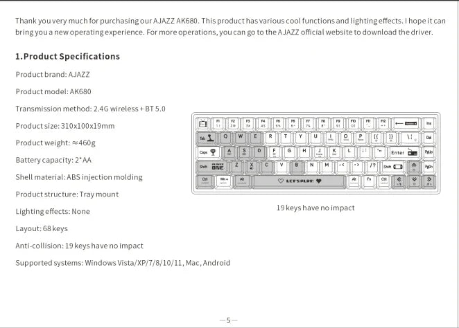 AJAZZ AK680 Mechanical Keyboard – 68 Key Wired/Wireless Bluetooth Gamer Keyboard with Hot-Swap Custom Gasket for PC and Laptop