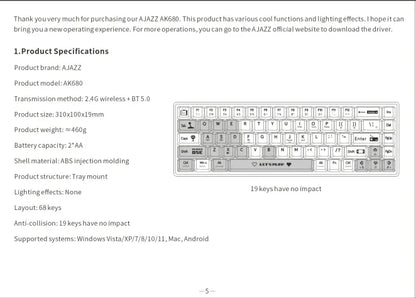 AJAZZ AK680 Mechanical Keyboard – 68 Key Wired/Wireless Bluetooth Gamer Keyboard with Hot-Swap Custom Gasket for PC and Laptop