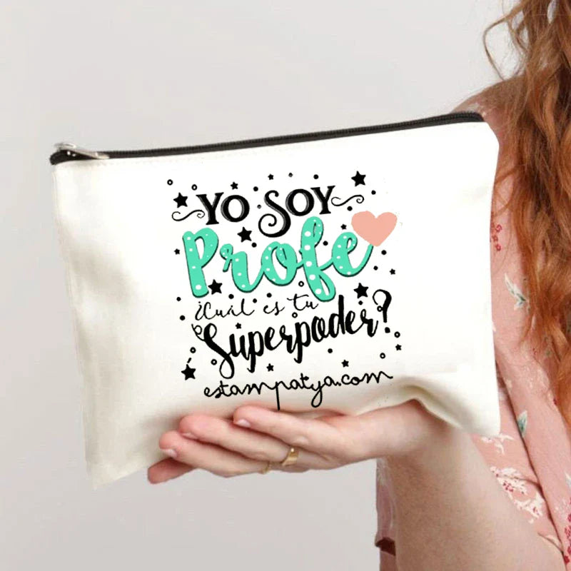 Spanish Printed Teacher Life Makeup Pouch - Pencil Case, School Stationery Storage Bag, Travel Organizer and Gift