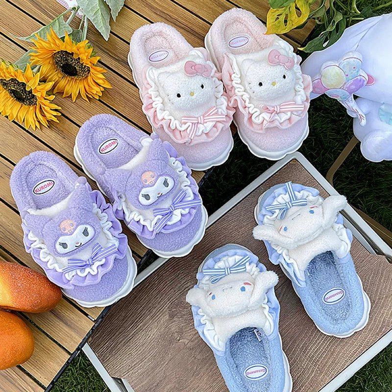 Sanrio Hello Kitty Fuzzy Slipper - Cartoon Kuromi, Cinnamoroll, Yk2 Winter Plush Non-Slip Slippers for Women and Girls, Cute Flat Shoes for Home