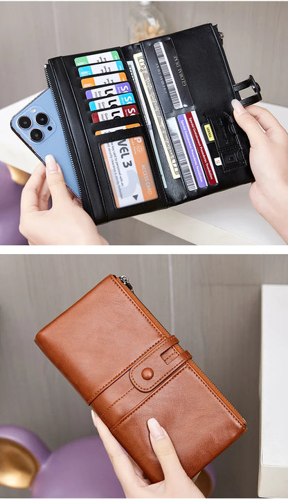 RFID Blocking Large Capacity Wallet – Soft Leather Solid Color Clutch, Multi-Functional Zipper Purse for Women & Men