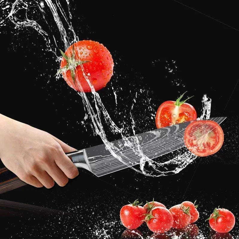 Laser Damascus Kitchen Knife Set – Cleaver, Meat, Fruit, Bread, Boning Knife and Chicken Scissors for Barbecue and Home Cooking