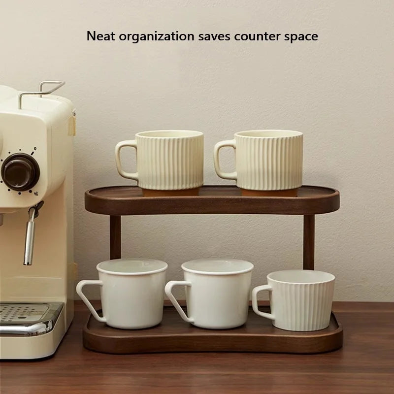 2-Tier Bamboo Makeup & Cup Organizer – Wooden Vanity Rack for Coffee Mugs, Counter & Kitchen Storage