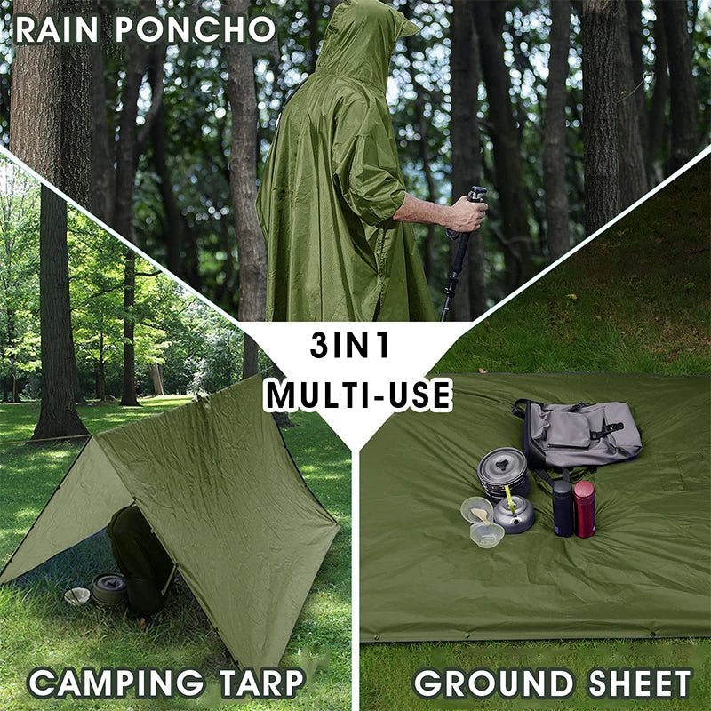 3-In-1 Outdoor Military Raincoat - Waterproof, Multipurpose Men's and Women's Poncho - Motorcycle Rain Gear and Picnic Mat