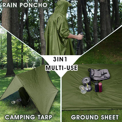 3-In-1 Outdoor Military Raincoat - Waterproof, Multipurpose Men's and Women's Poncho - Motorcycle Rain Gear and Picnic Mat