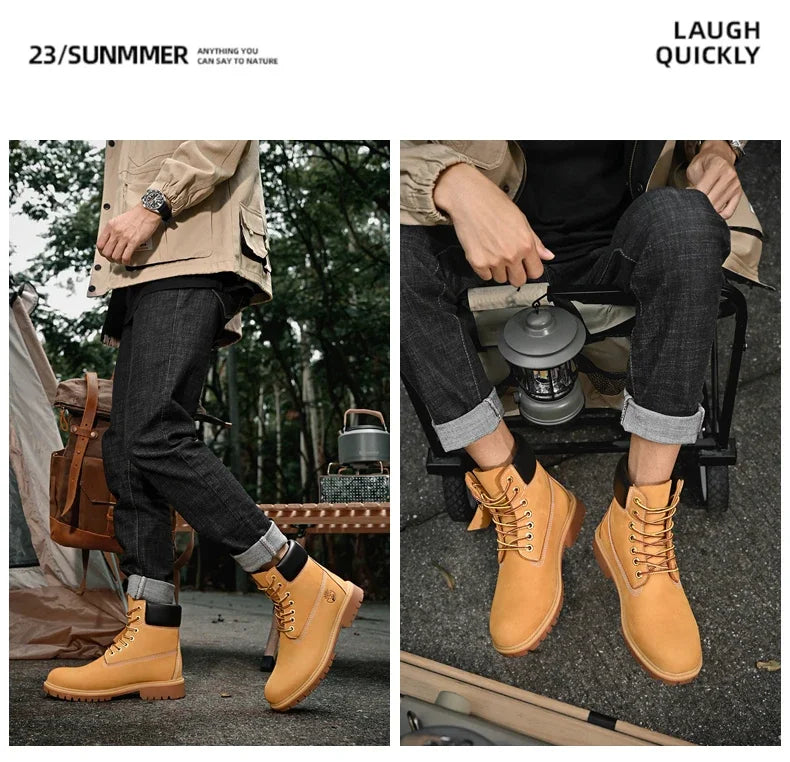 High Top Leather Boots for Men & Women – Fashion Lace-Up Outdoor Sneakers, Non-Slip Casual Ankle Shoes for Couples