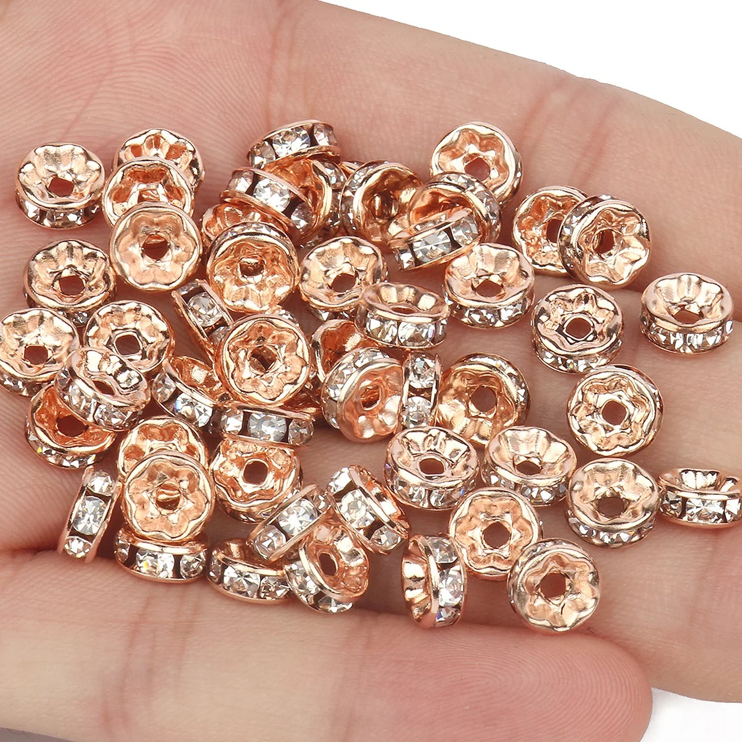 50PCS Rhinestone Spacer Beads Set – Multi-Color Crystal Rondelle Metal Beads for DIY Jewelry & Bracelet Making