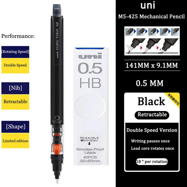 UNI KURU TOGA M5-452 Mechanical Pencil 0.5mm – Rotating Lead Automatic Pencil for Continuous Writing & Sketching