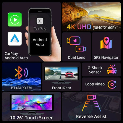 7"/10.26" 4K Dash Cam — Car DVR with Wireless CarPlay, Android Auto, 350° Rotating Lens, GPS & Bluetooth